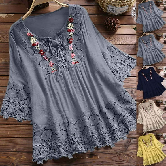 THDHVS Shirts for Women,Tops for Women Trendy,Women Lace Trim Short Sleeve V Neck Blouse with Tie Detail