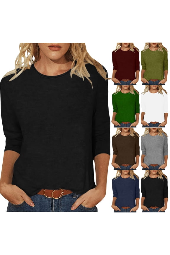 Shirts for Women,Tops for Women Trendy,Women Solid Color 3/4 Sleeve Boat Neck Tee Relaxed Casual Top
