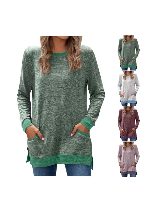 Shirts for Women,Tunic Tops,Women's Casual Long Sleeve Tops Crew Neck Round Hem Loose T-Shirts Tunic Tops with Pockets Green M