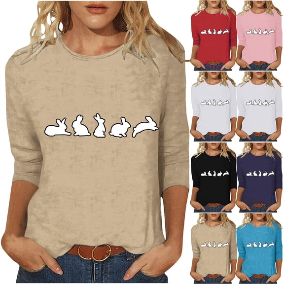 THDHVS Womens Tops Long Sleeve,Shirts for Women,Ladies' Easter Print Round Neck Three Quarter Sleeve 3/4 Sleeve T-shirt Loose Purple 3XL