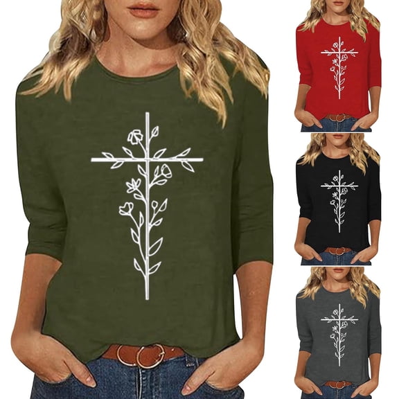 THDHVS Womens Tops Long Sleeve,Shirts for Women,Women's 3/4 Sleeve Crew Neck Pullover Easter Print Casual Fashion Green 2XL