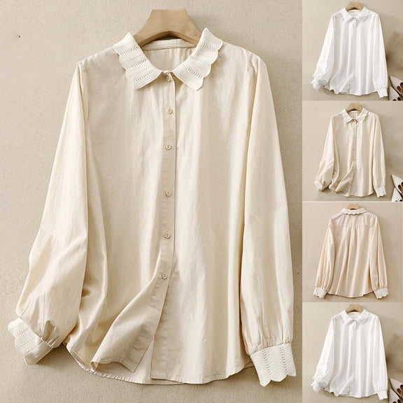 THDHVS Shirts for Women,Womens Long Sleeve Tops,Women's Winter Fall Casual Long Sleeve Turndown Collar Buttons Shirt Solid Color Beige L