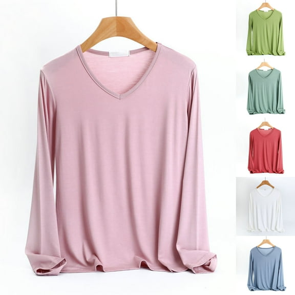 THDHVS Shirts for Women,Womens Long Sleeve Tops,Womens V Neck Long Sleeve Top Solid Color Slim Fits Layering Blouse