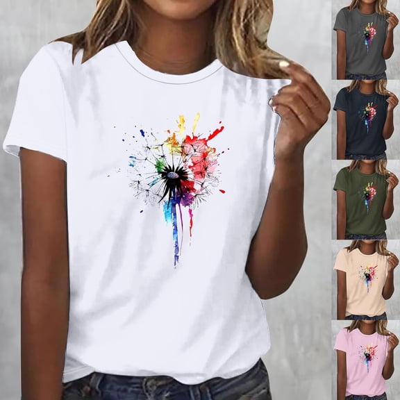 THDHVS Short Sleeve Shirts for Women,Allover Print Tee with Crew Neck Providing Easy Way To Incorporate Print Into Daily Wardrobe Rotation,Womens Summer Tops