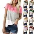 thumbnail image 1 of THDHVS Short Sleeve Shirts for Women,Color Block Striped Print Short Sleeve Pullover with Crew Neck for Statement Making Casual Style,Womens Summer Tops, 1 of 4