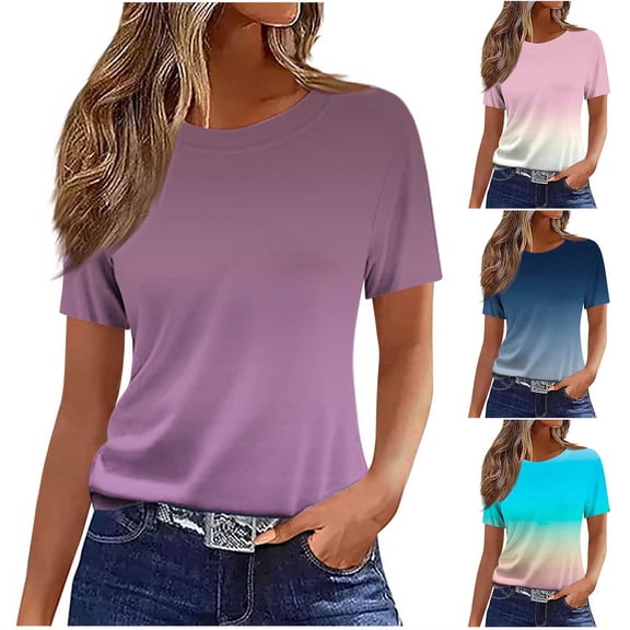 THDHVS Short Sleeve Shirts for Women,Ombre Color T Shirt with Round Neckline and Short Sleeve for Trendy Casual Style and Everyday Comfortable,Womens Summer Tops