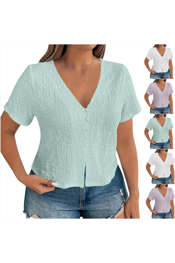 Short Sleeve Shirts for Women,V Neck Short Sleeve Top with Partial Button Placket and Relaxed Fits for Versatile Casual and Weekend Wear,Womens Summer Tops