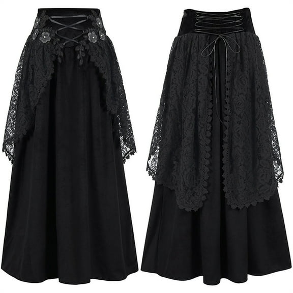 THDHVS Skirts for Women,Flowy Skirt,Medieval Vintage Velvet Double Lace Skirt Halloween Costume Skirt Black M