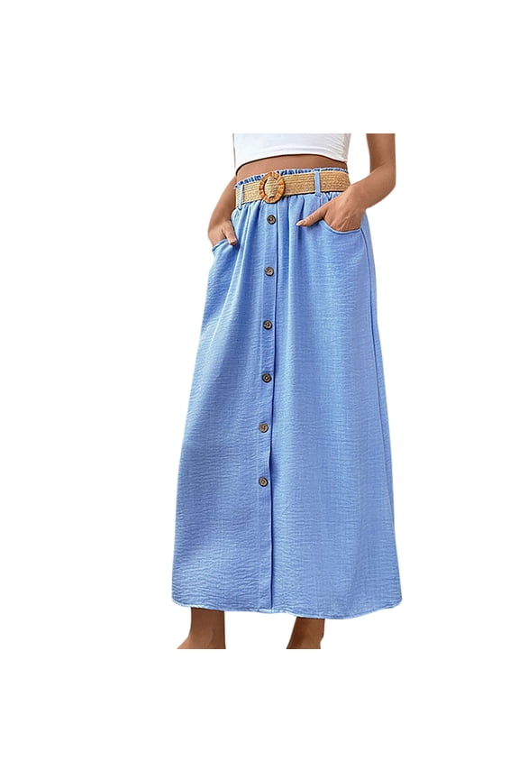 Skirts for Women,Flowy Skirt,Women's Casual Solid Rise Button Down Midi Skirt with Pockets Blue L
