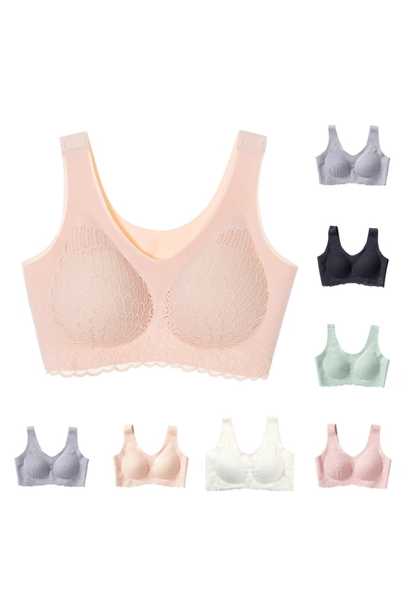 Sports Bra,Bras for Women No Underwire,Seamless Wireless Sleep Bra Lace Trim with Side Support for Night and Lounge Beige