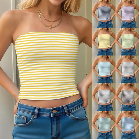 THDHVS Strapless Bras for Women,Push Up Bra,Double Layer Striped Bandeau Bra Fashion Top Wear Alone or Under Gray