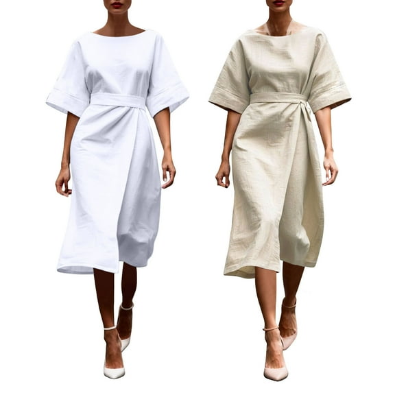 THDHVS Summer Dresses for Women 2025,Plus Size Dresses,Women's Vintage Midlle Sleeve Ruched Bodycon Work Midi Dress White S