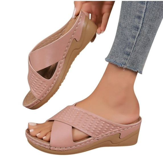 THDHVS Wedge Sandals for Women,Womens Wedge Sandals,Women's Fashion Casual Leisure Summer New Style Solid Color Hollow Strap Thick Bottom Sandals Lightweight Beach Sandals Wedge Heels Pink 6.5