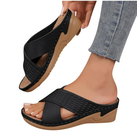 THDHVS Wedge Sandals for Women,Womens Wedge Sandals,Women's Fashion Casual Leisure Summer New Style Solid Color Hollow Strap Thick Bottom Sandals Lightweight Beach Sandals Wedge Heels Black 5.5