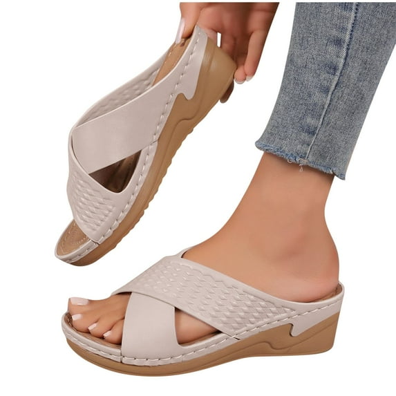 THDHVS Wedge Sandals for Women,Womens Wedge Sandals,Women's Fashion Casual Leisure Summer New Style Solid Color Hollow Strap Thick Bottom Sandals Lightweight Beach Sandals Wedge Heels White 7