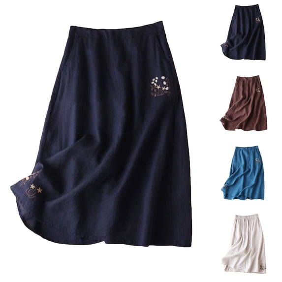 THDHVS Summer Skirts for Women,Embroidery High Waist Skirt with Pocket Half Elastic Waist Loose Casual Style for Spring Summer Daily Outdoor Wear,Womens Skirt Coffee XL