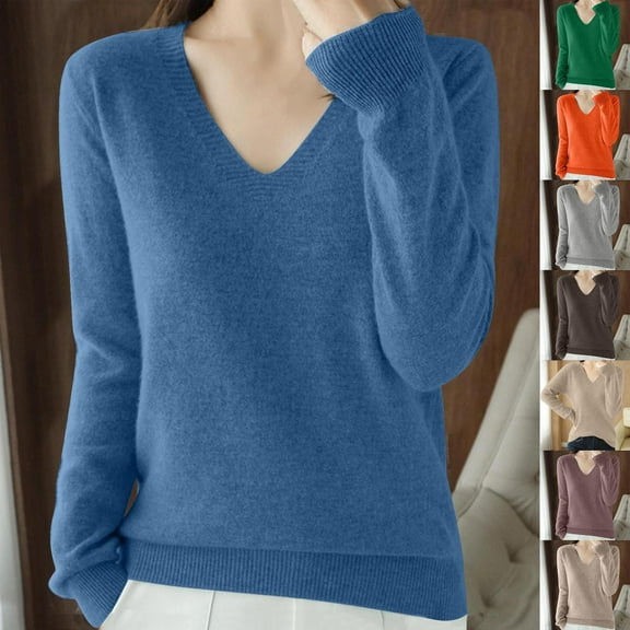 THDHVS Sweaters for Women,Womens Long Sleeve Tops,Women Solid Color V Neck Knit Sweater with Long Sleeve for Casual Comfortable andVersatile Layering Blue M
