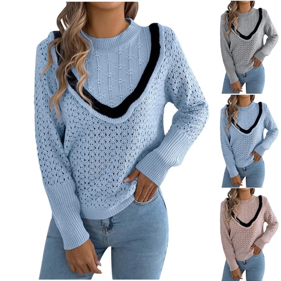 THDHVS Sweaters for Women,Womens Sweaters,Women's Lace-Knit Sweater with Relaxed Fits Long Sleeve and Crew Neck Breathable Top Features Eyelet Details for Stylish Comfortable