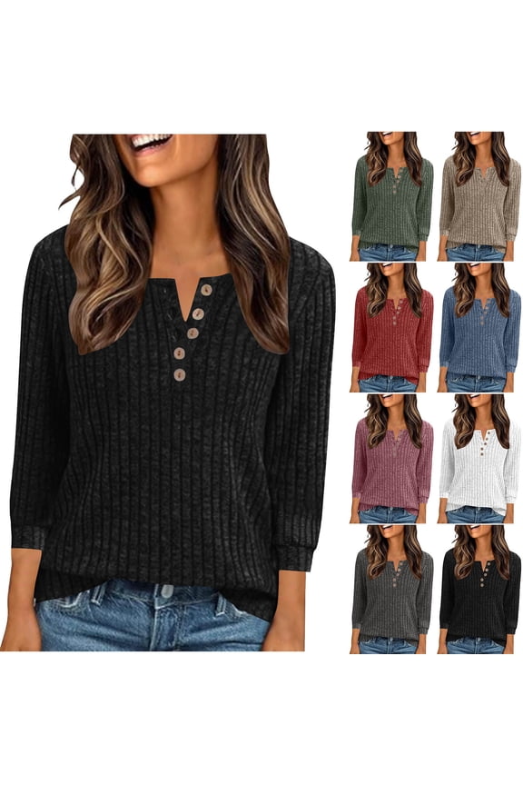 Sweaters for Women,Womens Sweaters,Women's Solid Color Knit Sweater with Button Front and Ribbed Brushed Fabric Three-Quarter Sleeve Top Offers Relaxed Comfortable for Casual Wear S