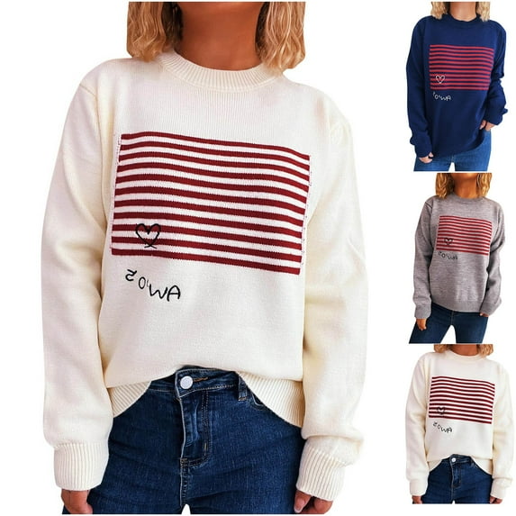 THDHVS Sweaters for Women,Womens Sweaters,Women's Round Neck Long Sleeve Striped Contrast Color Pullover Knitted Sweater White S