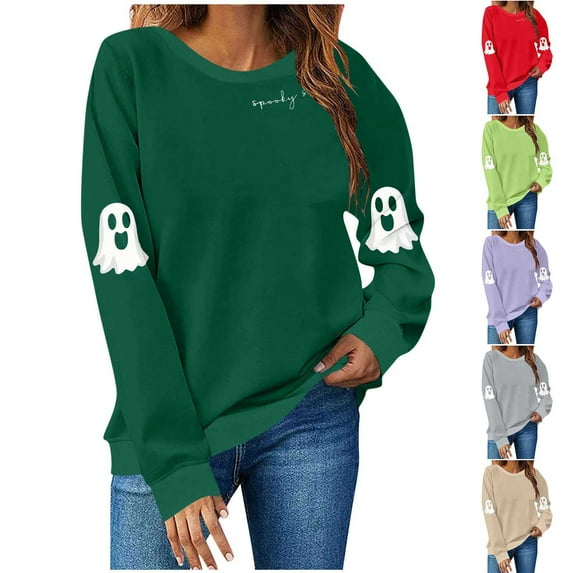 THDHVS Sweatshirt for Women,Womens Long Sleeve T Shirts,Women Halloween Print Long Sleeve Sweatshirt with Loose Fits for Casual Comfortable andEveryday Wear Green S