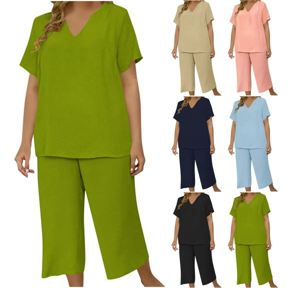 THDHVS Sweatsuits Women 2 Piece Outfit,Lounge Sets for Women,Ladies' Plus Size Elegant and Fashionable Solid Color Short Sleeve Top and Wide Leg Pants Khaki XL