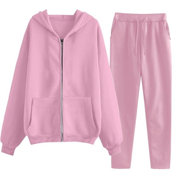 THDHVS Sweatsuits Women 2 Piece Outfit,Lounge Sets for Women,Women'S Solid Color Casual Crew-Neck Long-Sleeved Zipper Sweatshirt Tops and Trousers Tight-Waist Hoodie Suit Pink M