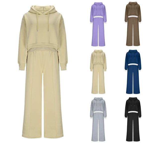 THDHVS 2 Piece Sets for Women,Women Fall Clothes,Winter Clothing for Women Thermal Lined Hooded Sweatshirt and Sweatpants Set Warm Sweat Suits for Womens 2 Piece Loungewear Beige M