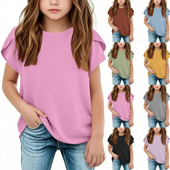 THDHVS Teen Girl Summer clothes Round Neck Solid Color Casual Short Sleeve Blue 12 Years