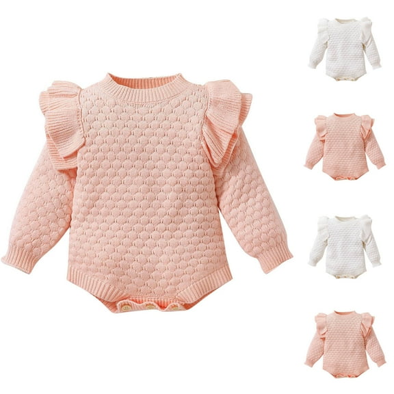 THDHVS Toddler Boy Outfits,Girls Romper,Solid Color Ruffle Sleeve Round Neck Sweater and Checkered Shirt Set Warm Thick Jumpsuit for Toddlers Long Sleeve Knit Outfit White 0-6 Months