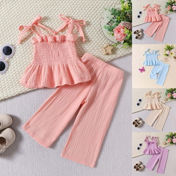 THDHVS Toddler Girl Clothes Fashion Suspender Solid Colour Square Neck Set Casual Camisole Straight-leg Pants Outfits Beige 12-18 Months