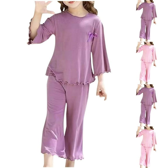 THDHVS Toddler Girl Clothes Round Neck Solid Colour Cotton Long Sleeve Suit Spring Summer Casual Fashion Outfits Purple 1-2 Years