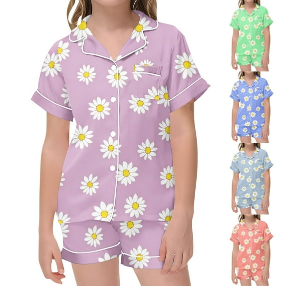 THDHVS Toddler Girl Clothes Summer Small Print Short Sleeve Night Clothes Home Wear Clothes Suit for Kids Pink