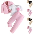 thumbnail image 1 of THDHVS Toddler Girl Outfits,Outfits for Girls,Kid's Solid Color Long Sleeve Suit Jacket Short Sleeve Flower Top Elastic Waist Long Pants Three Piece Set Pink 5-6 Years, 1 of 7