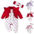 thumbnail image 1 of THDHVS Toddler Girl Outfits,Outfits for Girls,Toddler Newborn Girls Heart Print Long Ruffle Sleeve Bodysuit with Bow Detail and Hairband 2 Piece Set for Casual Wear Pink 12-18 Months, 1 of 7
