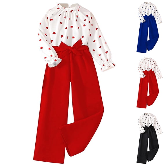 THDHVS Toddler Girl Outfits,Girls' Long Sleeve Heart-shaped Solid Color Pants with Belt Three-piece Set for Middle and Large Kid White 8-9 Years
