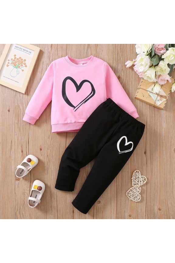 Toddler Girl Outfits,Toddler Outfits for Girls,Kids Heart Print Long Sleeve Crew Neck Tops Loose Pants Set Casual Sports 2-PC Set Pink 3-4 Years