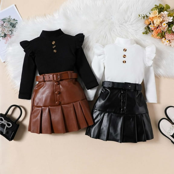 THDHVS Toddler Girl Outfits,Toddler Outfits for Girls,Small and Medium-sized Girls' High Neck Stripe Top and pleated Leather Skirt and belt Three Piece Set Black 3-4 Years