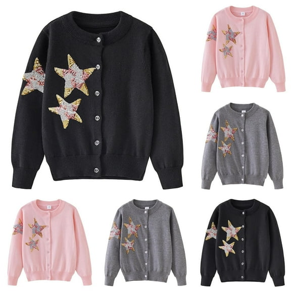 THDHVS Toddler Jacket,Winter Jackets for Girls,2-12 Years Kid's Fashion Pentagram Sequin Button Round Neck Sweater Cardigan Long Sleeve Hooded Casual Jacket/jacket Black 4-6 Years