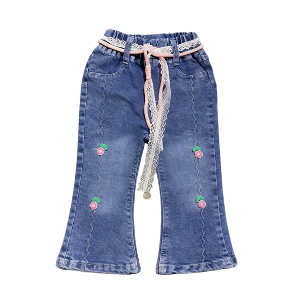 THDHVS Toddler Jeans,Girls Flower Print Flare Jeans Elastic Waist Summer,Jeans for Girls Blue 5-6 Years