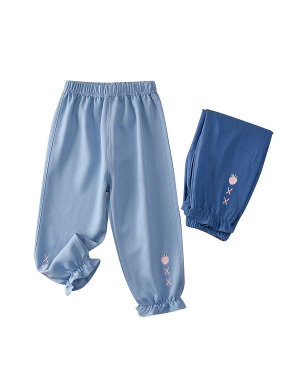 Toddler Jeans,Strawberry Embroidery Denim Like Pants Cuffed Thin Casual Wear for Girls Spring Summer,Jeans for Girls,Light Blue 7-8 Year