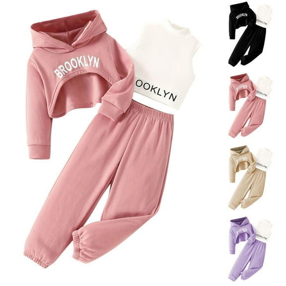 THDHVS Toddler Outfits for Girls,Girls Outfits,Girls' Casual Three Piece Hooded Sweatshirt High Neck Base Coat Sweatshirt Sweatpants Long Sleeve Set Black 3-4 Years