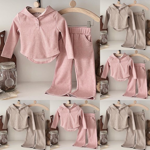 THDHVS Toddler Outfits for Girls,Girls Outfits,Kid's Casual Solid Color Button Up Hoodie Straight Leg Pants Two-piece Set Long Sleeve Hooded Set Coffee 5-6 Years