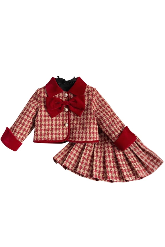 Toddler Outfits for Girls,Girls Outfits,Plaid Tweed Style Top with Bow and Skirt 2 Piece Set for Girls Chic Casual Wear and Sweet Look 5-6 Years