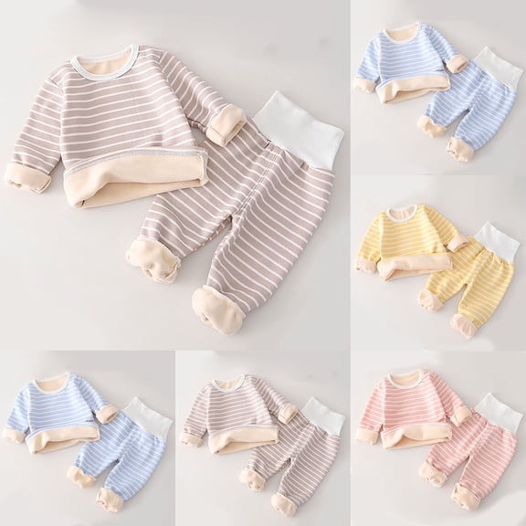 THDHVS Toddler Outfits for Girls,Newborn Boy Outfits,Kids Casual Stripe Fleece-Lined Thermal Underwear High-Waisted Long Pants Two-Piece Set Gray 1-2 Years