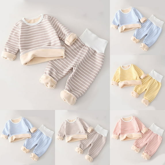 THDHVS Toddler Outfits for Girls,Newborn Boy Outfits,Kids Casual Stripe Fleece-Lined Thermal Underwear High-Waisted Long Pants Two-Piece Set Yellow 1-2 Years