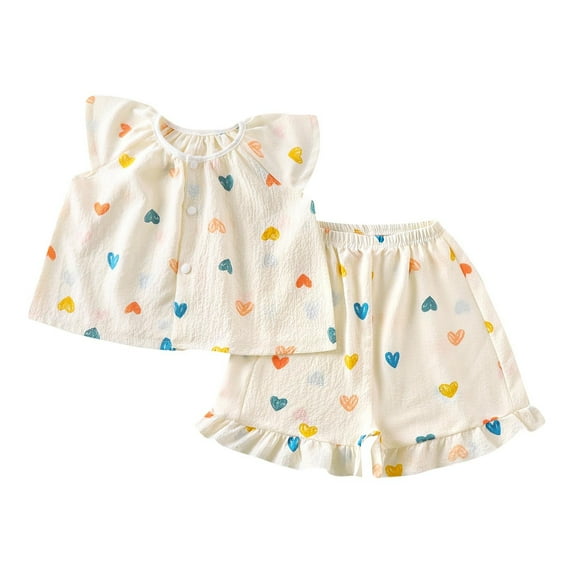 THDHVS Toddler Outfits for Girls Round Neck Print Home Leisure Suit Sleeve Shirt Tops Cute Shorts Set White 5-6 Years