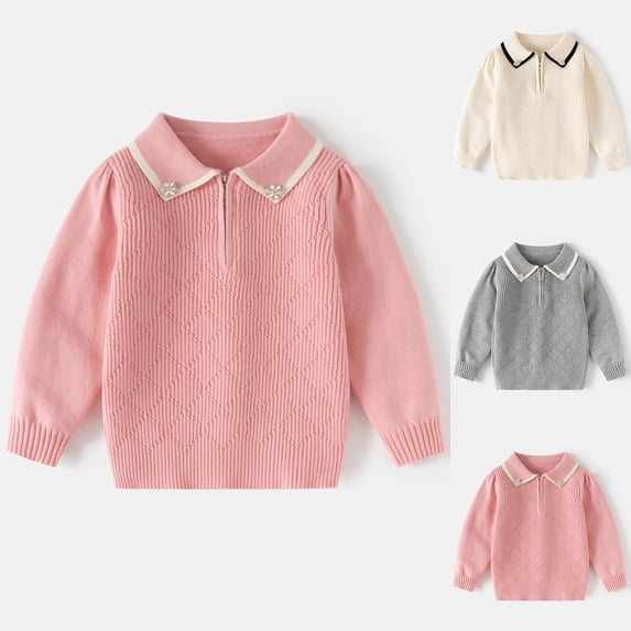 THDHVS Toddler Sweater,Long Sleeve Shirts for Girls,Kid's Solid Color Lapel Long sleeve Sweater Base Shirt Casual and Comfortable Knitted Top Pink 3-4 Years