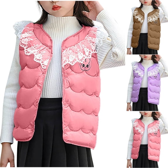 THDHVS Girls Puffer Vest, Girls Vest Toddler Winter Clothes Quilted Puffer Sleeveless Jacket with Ruffle Lace for Outdoor Winter Wear Purple 5-6 Years