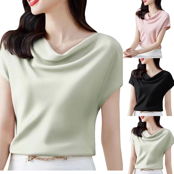 THDHVS Tshirts Shirts for Women,Scalloped Neckline Blouse Solid Silk Like Merging Professional Fashion Comfortable for Versatile Wear,Womens Tops Casual